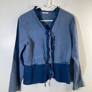 Womens Russ Berens Ruffle Linen Button Shirt Long Sleeve 2 Toned Blue S Linen